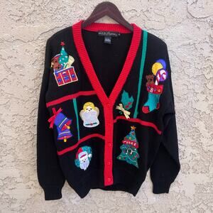Vintage Over-the-Top Xmas Sweater Appliqué Santa Angel Stocking Womens Medium